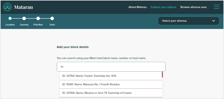 Screenshot of search bar for whenua Māori with dropdown list of results